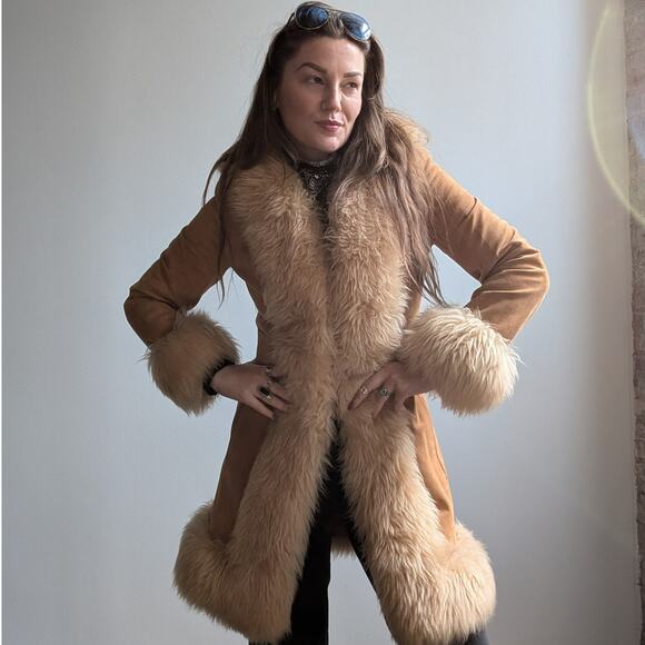 Vintage Tan Brown Suede Penny Lane Jacket Fur Furry Leather Trench Coat Small - Picture 7 of 13